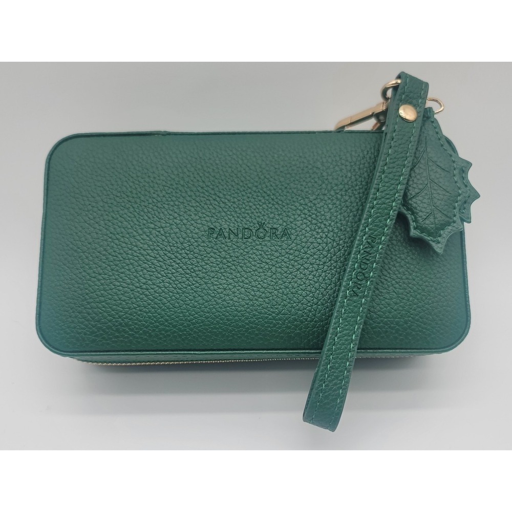 Pandora Green Travel Jewelry Box Case Wristlet Organizer Zip Vegan Leather
